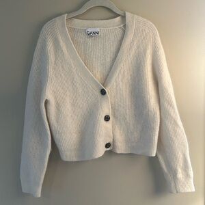 Cream v neck wool cardigan sweater, Ganni in alpaca/merino wool blend